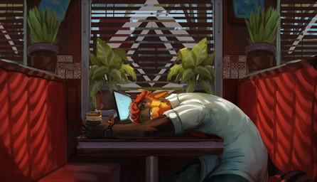 anthro beverage brown_body brown_fur clothing coffee computer electronics fur hair laptop male orange_hair solo yellow_body yellow_fur lin_fluffydragon mythology dragon furred_dragon furred_scalie mythological_creature mythological_scalie scalie hi_res