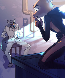 anthro arms_tied bound chair clothed clothing duo eyebrow_piercing facial_piercing female fur furniture male muzzle_(object) muzzled orange_body orange_fur piercing restraints shirt shush suit topwear white_clothing wire_basket_muzzle gio_el33 dreamworks the_bad_guys diane_foxington mr._wolf_(the_bad_guys) canid canine canis fox mammal wolf 5:6 digital_media_(artwork) hi_res