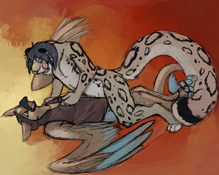 avian beak bird clothed clothing digitigrade feathers feline fluffy_tail fur hair kona leopard lying male mammal nines on_back open_mouth sammy73 snow_leopard undressing vorarephilia wings
Rating: Questionable
Score: 7
User: Konabird
Date: October 28, 2013