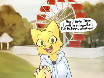 amusement_park amusement_ride anthro black_text blush blush_lines clothed clothing detailed_background dialogue duo eyebrows female ferris_wheel first_person_view fur grass hand_holding happy hoodie looking_at_viewer male male/female open_mouth outside pink_blush pink_nose pink_tongue plant solo_focus standing talking_to_viewer teeth text tongue topwear tree yellow_body yellow_fur yellow_sclera zambs microsoft prequel_adventure the_elder_scrolls anon katia_managan felid human khajiit mammal 2022 4:3 digital_drawing_(artwork) digital_media_(artwork) digital_painting_(artwork) english_text hi_res painting_(artwork) shaded soft_shading
