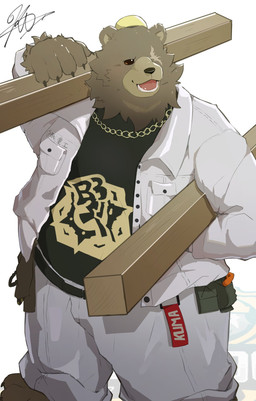 anthro belly brown_body brown_fur construction construction_worker facial_scar fur jewelry male missing_eye necklace overweight scar solo kt0414143919 mihoyo zenless_zone_zero ben_bigger bear mammal hi_res