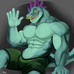 abs anthro biceps bottomwear claws clothed clothing facial_piercing green_body green_bottomwear green_clothing green_scales green_shorts head_spikes looking_at_viewer male male_anthro muscular muscular_anthro muscular_male nose_piercing pecs piercing purple_claws purple_spikes scales shorts solo spikes spikes_(anatomy) tail topless topless_anthro topless_male yellow_sclera tukeso1 goat_(movie) sony_corporation sony_pictures modo_olachenko komodo_dragon lizard monitor_lizard reptile scalie 1:1 2026 digital_media_(artwork) hi_res