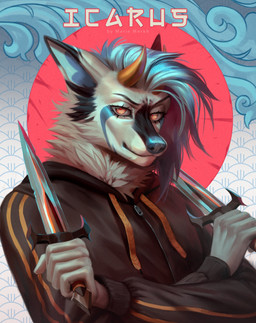anthro blue_hair blue_nose brown_clothing brown_jacket brown_topwear cheek_tuft clothed clothing crossed_arms dagger eyelashes facial_tuft glistening glistening_eyes hair holding_dagger holding_melee_weapon holding_object holding_weapon horn jacket looking_at_viewer melee_weapon mouth_closed neck_tuft orange_eyes orange_horn pattern_background simple_background solo topwear tuft weapon marie_merkh canid mammal absurd_res hi_res
