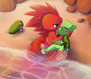 anthro army_beret beach bedroom_eyes blood bodily_fluids bottomless bottomless_anthro bottomless_male bra breasts clothed clothing dog_tags duo female fin fur green_body green_fur hand_behind_head holding_another hug male military_clothing narrowed_eyes quills_(anatomy) red_body red_fur seashell_bra seaside seductive side_boob smile split_form translucent unconscious underwear water wounded sereaza happy_tree_friends flaky_(htf) flippy_(htf) aquatic arthropod bear crustacean mammal merfolk porcupine rodent shrimp 2022