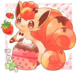 3_toes accessory ambiguous_gender baked_goods blush border bow_tie brown_body brown_bow_tie brown_eyes brown_fur brown_inner_ear brown_markings brown_ribbon candy chocolate clover_(plant) clover_leaf cupcake curled_tail dairy_products dessert dotted_background dripping feet feral food four_leaf_clover fruit fur giant_food gloves_(marking) hair hair_accessory hair_ribbon heart_symbol leaf leg_markings markings multi_tail multicolored_body multicolored_fur orange_body orange_fur orange_hair orange_tail pattern_background pawpads paws pink_background pink_pawpads plant ribbons simple_background smile socks_(marking) solo strawberry striped_background tail tan_body tan_fur toes whipped_cream white_body white_border white_fur white_markings michi_runi nintendo pokemon canid canine generation_1_pokemon mammal pokemon_(species) vulpix digital_media_(artwork)