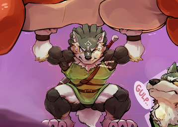 4_toes ambiguous_gender anthro anthrofied biceps biped black_body black_fur blue_eyes bottomless bottomless_anthro bottomless_male bracelet claws clothed clothed_anthro clothed_male clothing countershade_torso countershading cutaway duo ear_piercing ear_ring eyes_closed feet feral front_view fur green_body green_clothing green_fur green_hair green_shirt green_topwear hair inner_ear_fluff jewelry large_comic looking_at_viewer male mouth_closed muscular muscular_anthro muscular_male one_eye_closed onomatopoeia orange_body piercing pupils purple_background ring_piercing shirt side_view simple_background snout solo_focus sound_effects swallowing swallowing_sound_effect tail tan_body tan_countershading tan_fur text toe_claws toes topwear tremble_lines tuft tunic_only white_body white_fur white_inner_ear white_inner_ear_fluff white_sclera waddledox nintendo the_legend_of_zelda link_(wolf_form) canid canine canis dodongo mammal wolf 2024 absurd_res bust_portrait comic digital_drawing_(artwork) digital_media_(artwork) english_text full-length_portrait hi_res portrait