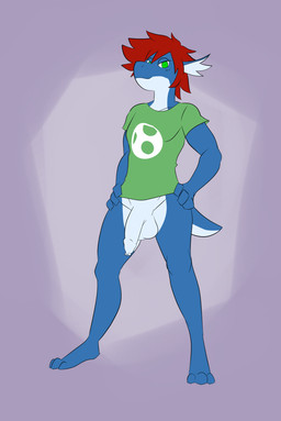 3_toes anthro balls blue_body bottomless clothed clothing feet flaccid foreskin genitals green_eyes hair hands_on_hips humanoid_genitalia humanoid_penis long_foreskin male multicolored_body penis red_hair scales shirt shirt_only solo t-shirt toes topwear topwear_only two_tone_body unretracted_foreskin white_body white_scales metal_(artist) mario_bros nintendo blue_yoshi yoshi character_request hi_res