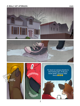 ambiguous_gender anthro brown_body brown_fur building cellphone clothing duo electronics footwear fur house phone profanity raining red_body red_fur shoes smartphone text text_message wet wet_body wet_fur zourik canid canine fox mammal mustelid otter 3:4 absurd_res comic english_text hi_res