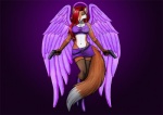 angel anthro belt black_nose boots breasts canid canine clothing ear_piercing feathered_wings feathers female footwear fox gloves_(marking) gun hair legwear looking_at_viewer mammal markings piercing ranged_weapon red_hair saint_of_all_saints saints_row solo stockings thong underwear vani-fox weapon wings