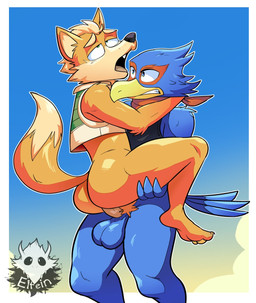 anal anal_penetration anthro anthro_on_anthro anthro_penetrated anthro_penetrating anthro_penetrating_anthro balls beak blue_body blue_eyes blue_feathers bottomless butt clothed clothing dipstick_tail duo feathers genitals green_eyes holding_character jacket kerchief leg_grab lifting looking_pleasured male male/male male_penetrated male_penetrating male_penetrating_male markings multicolored_tail open_mouth penetration penile penile_penetration penis sex stand_and_carry_position standing standing_sex tail tail_markings topwear elfein nintendo star_fox falco_lombardi fox_mccloud avian canid canine fox humanoid mammal 2019 digital_media_(artwork) hi_res
