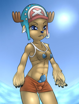 animal_genitalia animal_penis anthro antlers balls blue_nose bottomwear breasts canine_genitalia canine_penis clothing cloud erection fishnet_clothing fur genitals gynomorph hat headgear headwear horn intersex knot nipples nude outside penis shorts sky skyscape smile solo sun water sco0t one_piece tony_tony_chopper deer mammal new_world_deer reindeer hi_res