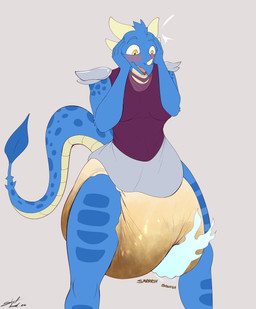 anthro armor big_diaper blush diaper diaper_squish disembodied_hand feces female ghost_hand looking_down open_mouth pooping sagging_diaper soiled_diaper soiling soiling_diaper solo surprised unclean_diaper used_diaper using_diaper steelshark kobold scalie absurd_res hi_res