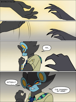 4_fingers 4_panel_comic ambiguous_gender anthro anthrofied black_body black_claws black_fur black_text blue_body claws clothed clothed_anthro clothing collared_shirt dialogue duo fingers fur gradient_background green_clothing green_shirt green_topwear harmony_scarf holding_wrist kerchief looking_down mostly_offscreen_character motion_lines narrowed_eyes neckerchief neckwear open_mouth pattern_kerchief pattern_neckerchief pokemorph red_nose red_sclera shirt simple_background speech_bubble striped_kerchief striped_neckerchief text topwear uniform yellow_eyes yellow_inner_ear odeko-yma nintendo pokemon pokemon_mystery_dungeon spike_chunsoft lucky_(odeko-yma) generation_4_pokemon luxray pokemon_(species) 2026 absurd_res artist_name comic english_text hi_res