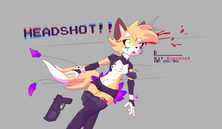 anthro black_bottomwear black_clothing black_legwear black_shorts black_thigh_highs blood bodily_fluids boots bottomwear breasts cigarette cigarette_holder clothed clothing corpse death death_piss dying exposed_breasts falling falling_over footwear fox_ears fox_tail fur gameplay_mechanics genital_fluids gore gore_focus green_eyes gui gun gunfire gynomorph gynomorph_death half-closed_eyes handgun health_bar hotpants intersex latex latex_bottomwear latex_clothing latex_panties latex_shorts latex_underwear legwear makeup mascara narrowed_eyes nipples open_clothing open_shirt open_topwear panties peeing pistol pistol_holster purple_accessory ranged_weapon shirt shoes shorts shot_in_head simple_background skimpy slim small_breasts snuff solo tears thigh_boots thigh_highs topwear underwear urine weapon wetting white_body white_fur yellow_body yellow_fur deathmetalglamour kit_(deathmetalglamour) canid canine fox mammal hi_res