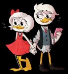 clothing dress duo electronics female female/female footwear hand_holding necktie phone shirt shoes topwear doritofalls disney ducktales ducktales_(2017) lena_(ducktales) webby_vanderquack anatid anseriform avian bird duck alpha_channel