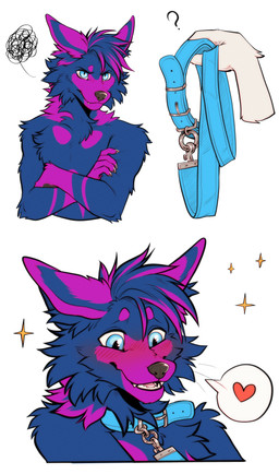 anthro blue_body blue_fur collar duo fur leash magenta_fur male solo_focus whiskers tatujapa reden canid canine fox mammal absurd_res hi_res