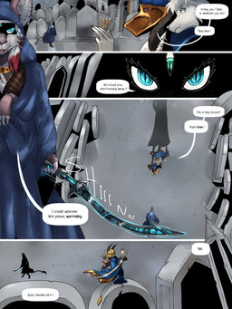 anthro clothing dialogue female fur gold_(metal) green_eyes group magic_user melee_weapon multi_eye multi_limb religious_clothing shield speech_bubble sword text tombstone trio weapon white_body white_fur tyunre bovid canid caprine felid mammal 3:4 comic english_text hi_res
