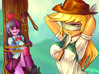 apple axe blindfold blonde_hair bottomwear bound breasts clothed clothing cowboy_hat duo female food fruit green_eyes hair hat headgear headwear knife melee_weapon multicolored_hair nervous not_furry outside panties plant purple_body purple_eyes purple_hair purple_skin rope shrub skirt sky tree tree_bondage underwear weapon bakki equestria_girls hasbro my_little_pony applejack_(eg) twilight_sparkle_(eg) human mammal 2013 4:3 grandfathered_content