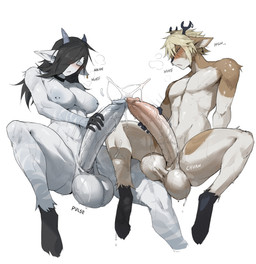 anthro antlers balls big_balls big_penis black_hair blonde_hair bodily_fluids breasts brown_body brown_fur choker duo excessive_genital_fluids excessive_precum frottage fur genital_fluids genitals gynomorph gynomorph/male gynomorph_humanoid hair hair_over_eye hooves horn huge_balls huge_penis humanoid_on_anthro hyper hyper_balls hyper_genitalia hyper_penis intersex intersex/male intersex_humanoid jewelry male male_anthro masturbation necklace nipple_piercing nipples penile penile_masturbation penis penis_grab penises_touching piercing precum sex throbbing throbbing_balls tips_touching touching_tips vein veiny_penis white_body notglacier deer horned_humanoid humanoid mammal absurd_res hi_res