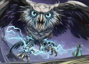 ambiguous_gender angry armor brown_hair cybernetics duo electricity electricity_manipulation elemental_manipulation feathered_wings feathers feet feral feral_focus flying hair looking_at_viewer machine magic male simple_background talons toes wings michael_bruinsma hasbro magic:_the_gathering wizards_of_the_coast avian bird cyborg human mammal owl absurd_res hi_res official_art