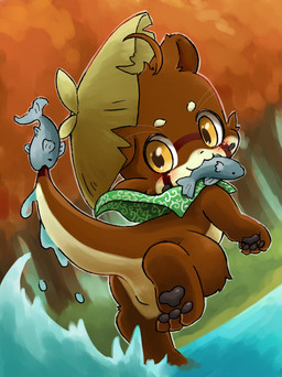 3_toes ambiguous_gender anthro black_pawpads blush brown_body brown_fur butt clothing featureless_crotch feet feral fur hat headgear headwear looking_at_viewer looking_back multicolored_body outside pawpads paws plant smile solo tail tan_body tan_fur toes tree tuft water whiskers yellow_eyes nakanishi023 aquatic fish mammal mustelid musteline otter 2019