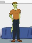 anthro bed bottomwear clothed clothing footwear fully_clothed furniture male pants shirt shoes solo t-shirt topwear fuze gabriel_(fuze) alligator alligatorid crocodilian reptile scalie 3:4 full-length_portrait hi_res portrait