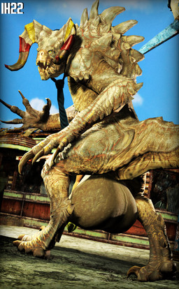 accessory animal_genitalia animal_penis backsack balls big_balls day feral genitals gesture horn huge_balls hyper hyper_balls hyper_genitalia looking_at_viewer looking_back male necktie obscured_penis outside painted_horns penis rear_view solo standing waving yellow_eyes ihavetwotwo bethesda_game_studios fallout microsoft judis_(fallout_mod_) deathclaw scalie 3d_(artwork) absurd_res digital_media_(artwork) hi_res