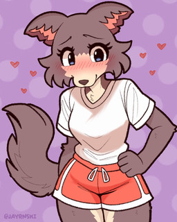 anthro athletic_wear biped black_nose blue_eyes blush blush_lines bottomwear breasts closed_smile clothed clothing countershade_face countershade_legs countershade_neck countershade_thighs countershading drawstring_shorts eyebrows eyelashes female fingers fur grey_body grey_fur grey_tail gym_bottomwear gym_shorts hand_on_hip heart_symbol looking_at_viewer mouth_closed multicolored_body pattern_background shirt shorts simple_background smile solo standing t-shirt tail topwear white_clothing white_shirt white_t-shirt white_topwear jayrnski beastars juno_(beastars) canid canine canis mammal wolf 2025 hi_res