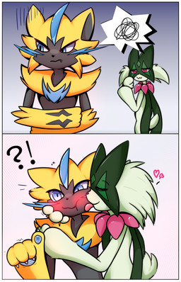 3_fingers 4_fingers anthro blue_eyes blue_pawpads blush chest_tuft claws duo emanata eyes_closed facial_markings facial_tuft female fingers front_view frustrated fur green_body green_fur hand_on_cheek head_markings hug licking licking_another lightning_whiskers looking_at_another male male/female markings mask_(marking) multicolored_body multicolored_fur pawpads paws red_eyes smile surprised tongue tuft two_panel_image yellow_body yellow_fur servalitas nintendo pokemon felid generation_7_pokemon generation_9_pokemon legendary_pokemon mammal meowscarada pokemon_(species) zeraora 9:14 absurd_res hi_res