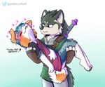 anthro anthrofied blep blue_body blue_fur blue_hair blue_nose blush bridal_carry carrying_another clothed clothing duo fur gradient_background hair heart_symbol looking_at_another male melee_weapon multicolored_body multicolored_fur narrowed_eyes orange_body orange_fur shirt simple_background smile sword text tongue tongue_out topwear tunic weapon white_body white_fur jeddicus7 nintendo the_legend_of_zelda link_(wolf_form) raleigh_(jeddicus7) australian_shepherd canid canine canis domestic_dog herding_dog mammal pastoral_dog sheepdog wolf english_text hi_res