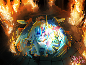 anthro blood blood_in_mouth blue_body blue_eyes bodily_fluids detailed_background duo feathered_wings feathers female fire flashlight fur hair hallucination implied_fatal kemono male multi_wing pink_body pink_hair spread_wings white_hair wings double_slime dandelion_(double_slime) jellybean_(double_slime) angel_unit furred_scalie scalie 4:3