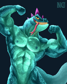 abs anthro barazoku biceps big_muscles eyebrow_piercing facial_piercing flexing forked_tongue green_body head_spikes long_tongue looking_at_viewer male muscular muscular_male neck_piercing nipples non-mammal_nipples nude pecs piercing raised_arm showing_teeth solo spikes spikes_(anatomy) tail tongue tongue_out tongue_piercing v-cut vein veiny_muscles yellow_eyes inku_dirty_ocean goat_(movie) sony_corporation sony_pictures modo_olachenko komodo_dragon lizard monitor_lizard reptile scalie 4:5 absurd_res hi_res