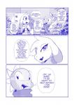 anthro armless asriel_dreemurr backpack blue_and_white border boss_monster_(undertale) bovid caprine child comic dialogue english_text first_page greeting hi_res long_ears male mammal monochrome monster_kid name_drop name_in_dialogue open_mouth outside scalie smile speech_bubble text undertale undertale_(series) white_border white_crest_(artist) young young_anthro