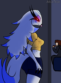 anthro bottomwear breasts clothed clothing duo female flirting flirting_with_viewer hotpants non-mammal_breasts shorts arcatech hellaverse helluva_boss stella_(helluva_boss) avian bird goetia hi_res tagme