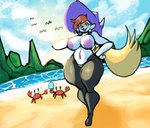 anthro areola big_breasts braixen breasts clothing female generation_6_pokemon genitals hat hat_only headgear headgear_only headwear headwear_only hi_res luca_(pokebraix) mostly_nude nintendo nipples outside pokebraix pokemon pokemon_(species) pussy sand solo tail thick_thighs water witch_hat