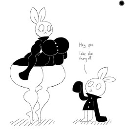 ambiguous_gender anthro big_breasts bottom_heavy breasts clothing curvy_figure dialogue duo eye_contact eyelashes female fur logo long_sleeves looking_at_another simple_background size_difference sweater text thick_thighs topwear turtleneck white_background white_body white_fur wide_hips thatdawgmurray brandon_the_blank_bunny lagomorph leporid mammal rabbit aliasing artist_logo artist_name black_and_white digital_media_(artwork) english_text hi_res monochrome signature