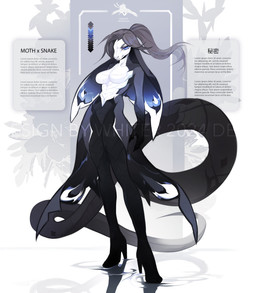 anthro biped black_body blue_eyes clothing female female_anthro footwear front_view grey_hair hair high_heels long_hair looking_at_viewer mouth_closed nude nude_anthro nude_female pupils shoes slit_pupils solo standing text white_body unknowhiter arthropod hybrid insect lepidopteran moth reptile scalie snake 2024 absurd_res alternate_version_at_source colored hi_res model_sheet translation_request