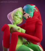 arm_around_shoulders arm_under_breasts blonde_hair blue_hair breast_rest breasts cleavage clothed clothing duo female female/female green_body green_eyes green_skin hair hood looking_at_another looking_at_partner looking_down mask navel nipples not_furry oversized_clothing purple_background simple_background sitting smile sweater topless topwear visor wo262 cartoon_network mario_bros nintendo steven_universe peridot_(steven_universe) alien alien_humanoid gem_(species) humanoid peridot_(gem_species) shyguy featureless_(disambiguation) 3d_(artwork) 3d_animation animated digital_media_(artwork) hi_res loop no_sound short_playtime webm