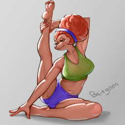 4_toes 5_fingers accessory afro anthro barefoot big_breasts black_nose bodily_fluids bottomwear bra breasts clothing eyebrows eyelashes feet female female_anthro fingers grey_background hair hair_accessory hairband mature_anthro mature_female midriff narrowed_eyes navel orange_hair shorts simple_background smile soles solo sports_bra stretching stretching_legs sweat text toes underwear baitgoon disney goof_troop sylvia_marpole canid canine canis domestic_dog mammal 1:1 2025 artist_name colored digital_drawing_(artwork) digital_media_(artwork) hi_res shaded signature