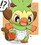 ambiguous_gender anthro blush clean_diaper clothed clothing diaper embarrassed exclamation_point open_mouth panicking question_mark solo standing teeth wearing_diaper wetness_indicator rokesys nintendo pokemon generation_8_pokemon grookey pokemon_(species) hi_res