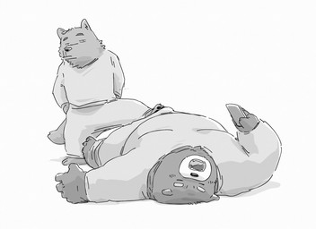 anthro bottomwear bulge cellphone clothing duo electronics kemono lying male overweight overweight_male pants phone shirt simple_background smartphone standing topwear white_background pommn_mn canid canine canis domestic_dog mammal 2026 hi_res monochrome
