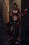 anthro black_hair blood bodily_fluids breasts brown_body brown_fur cleavage clothed clothing collar ear_piercing female fur green_eyes hair highlights_(coloring) knife looking_at_viewer messy midriff navel navel_piercing piercing red_highlights skimpy smile solo tail wide_hips thea crimson_(thea) canid canine canis domestic_dog german_shepherd herding_dog hybrid jackal mammal pastoral_dog