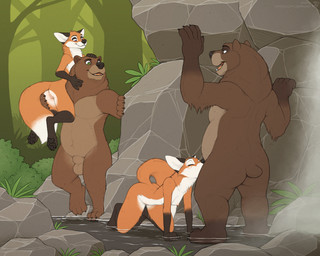 animal_genitalia anthro anthro_on_anthro balls black_nose breasts brown_body brown_fur butt casual_nudity casual_sex facial_tuft fellatio female forest freckled_face freckles fur genitals group male male/female nipples nude nude_anthro nude_female nude_male obscured_oral oral penile plant red_body red_fur sex sheath size_difference stocky tree tuft vulva jishinu bear brown_bear canid canine fox grizzly_bear mammal red_fox true_fox ursine 5:4 hi_res