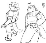 anthro bottomwear butt clothing fingerless_gloves footwear gloves hair handwear hat headgear headwear looking_at_viewer looking_down male muscular muscular_anthro muscular_male pants shirt shoes simple_background tail topwear northwoooof mech_(northwoooof) canid canine canis mammal wolf hi_res monochrome