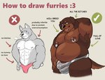 :3 abs anthro armpit_tuft belly black_nose breath briefs briefs_only brown_body brown_countershading brown_fur brown_pubes bulge butt clothed clothing comparing countershade_arms countershade_face countershade_snout countershade_tail countershade_torso countershading detailed_bulge directional_arrow duo fur grey_background grey_body grey_briefs grey_clothing grey_fur grey_underwear hand_behind_head hand_on_hip holographic_briefs holographic_clothing holographic_underwear how-to humor male multicolored_body multicolored_fur muscular muscular_anthro muscular_arms muscular_male navel nipple_piercing nipple_ring nipples overweight overweight_anthro overweight_male pecs piercing pink_briefs pink_clothing pink_nipples pink_underwear profanity pubes ring_piercing side_butt simple_background snout tail text the_truth tongue tongue_out topless two_tone_body two_tone_fur underwear underwear_only white_body white_countershading white_fur leontamashi canid canine canis domestic_dog mammal 2024 digital_media_(artwork) english_text hi_res