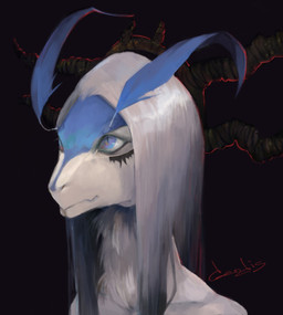 ambiguous_gender anthro black_background blue_body blue_eyes blue_feathers brown_horn feathers fur hair horn medium_hair multicolored_eyes neck_tuft simple_background smile solo straight_hair three-quarter_view tuft two_tone_eyes white_body white_fur white_hair akrolayn aki_cauchemar arthropod insect lepidopteran moth 2018 digital_media_(artwork) digital_painting_(artwork) headshot_portrait hi_res painting_(artwork) portrait male_(lore)