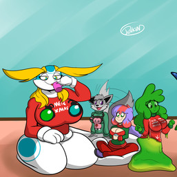 anthro big_tail blue_eyes bottomless bottomwear christmas_clothing clothed clothing container cup drinking female fur goo_hair green_eyes green_sclera green_slime grey_body grey_fur group hair holidays huge_tail kneeling markings mug multicolored_hair open_mouth pants pseudo_hair purple_eyes sitting_on_tail tail tail_motion tailwag teeth_showing white_body yellow_eyes penken christmas mythology aijou canid canine canis dragon goo_creature human humanoid jou mammal mythological_creature mythological_scalie scalie wolf character_request colored digital_drawing_(artwork) digital_media_(artwork) hi_res signature unavailable_at_source