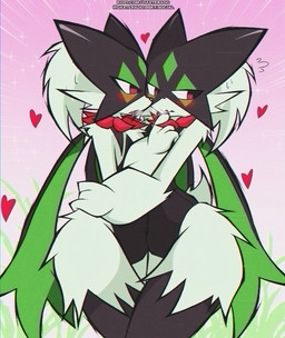 3_fingers 3_toes after_kiss anthro black_body black_clothing black_fur blush bodily_fluids bulge clothing duo feet femboy fingers fur gradient_background grass green_body green_fur heart_symbol hearts_around_body holding_another looking_at_another looking_away male male/male open_mouth plant red_body red_eyes saliva saliva_string short_tail simple_background sparkles standing sweat tail text toes daxterado nintendo pokemon generation_9_pokemon meowscarada pokemon_(species) 2025 url