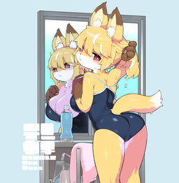 4_fingers anthro big_breasts blonde_hair blush breasts brown_body brown_fur butt claws cleavage clothed clothed_anthro clothed_female clothing female female_anthro finger_claws fingers fur hair inner_ear_fluff kemono looking_at_viewer looking_back looking_back_at_viewer mirror mirror_reflection one-piece_swimsuit pawpads reflection solo swimwear tail tight_clothing tuft white_body white_fur yellow_body yellow_fur tenyati canid canine fox mammal 2025 digital_media_(artwork) hi_res