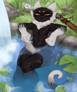 annoyed anthro bathing big_penis black_body black_fur blush constellation_markings erection exposed fluffy fur fur_markings genital_focus genitals grass hot_spring knot knotted_penis leaf lily_pad male markings melee_weapon nude onsen paws penile_spines penis penis_focus plant relaxing ribbed_penis solo sword thick_thighs unwanted_erection water waterfall weapon white_body white_fur yellow_eyes derpyrider xavier_cerca_(anunusedaccount) furred_kobold furred_scalie kobold scalie hi_res